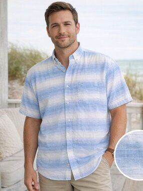 Southern Marsh Mens Richard Dress Shirt Linen Lines Blue Short Sleeve Size 2X
